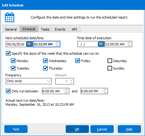 The Edit Schedule dialog with the Schedule tab selected.  Within the tab the next scheduled run date, frequency, and days of week the schedule can run on are entered. A button for testing the schedule also exists. 